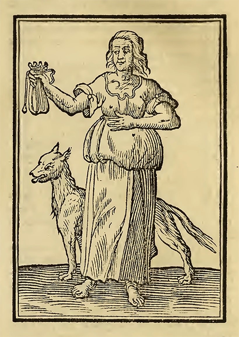 Illustration. A woman with scraggly hair holds a purse out in one hand. A dog stands behind her.
