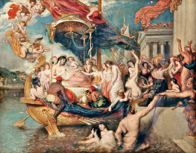 Watercolour. A large gallery is hung two or three paintings high, gold frames touching. The paintings show landscapes, religious and historic subjects, and portraits. Dozens of people sit and stand in the space below.