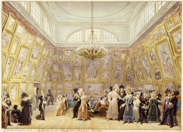 Watercolour. A cavernous room is hung frame-to-frame and floor-to-ceiling with rectangular and oval paintings. Using the scale created by a woman standing by the door, the room is at least three storeys high. The paintings show landscape, history paintings, and portraits.
