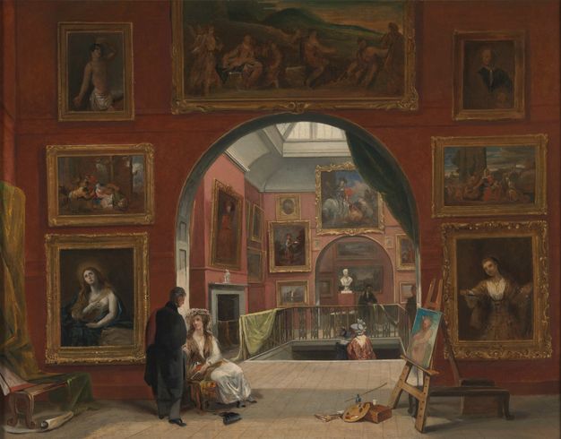 Installation photograph. Black and white photograph shows a long room with an arched, tunnel-like ceiling lined with skylights. Paintings are hung frame-to-frame, three or four levels high. The show history paintings, landscapes, and portraits.