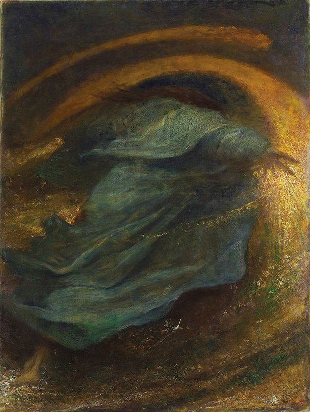 Painting. In a swirl of golden light, a person in billowing robes holds out one hand. Emerging from billowing opal-blue robes, he back of one ankle in the lower left corner shows that the person faces away from us.