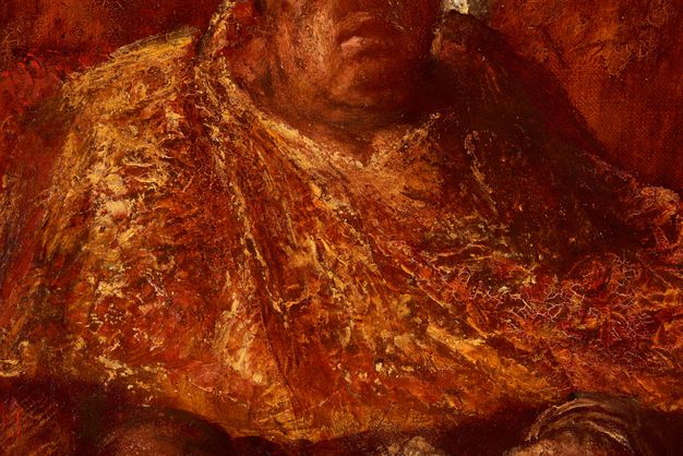 Painting. Detail view shows the gold and port-wine-red cloak of a man with red skin and heavy features. The paint is visibly built up.