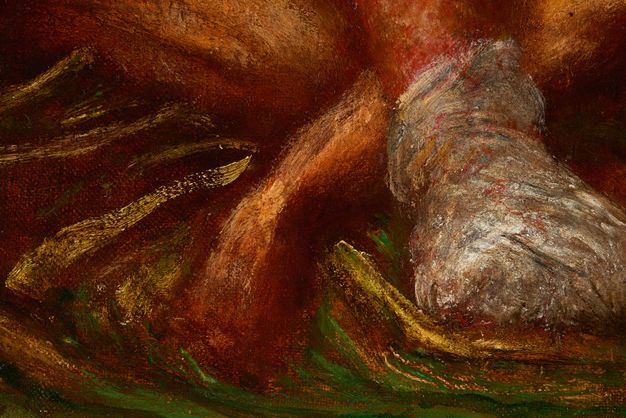 Painting. Detail view shows grass-green strokes swept across the layers of paint beneath.