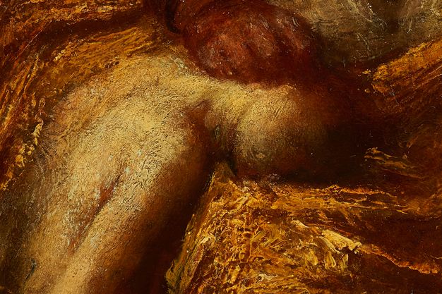 Painting. Detail view of a woman’s head slumped under a person’s red hand. The surface of her gold-coloured skin is rough but even, which contrasts with the chunkier strokes around her.
