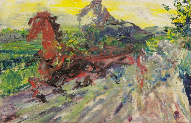 Painting. A crimson-red horse gallops at breakneck speed as a driver on a carriage behind hunches over the reins. The lime and neon green landscape zoom by with long strokes of paint.