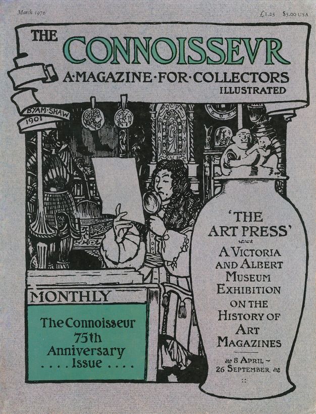 Periodical cover. An illustration shows a long-haired man sitting in a room crowded with works of art and artefacts. He looks at a piece of paper through a magnifying glass. In an oversized vase to our right, text reads, “‘The Art Press A Victoria and Albert Museum Exhibition on the History of Art Magazines”.