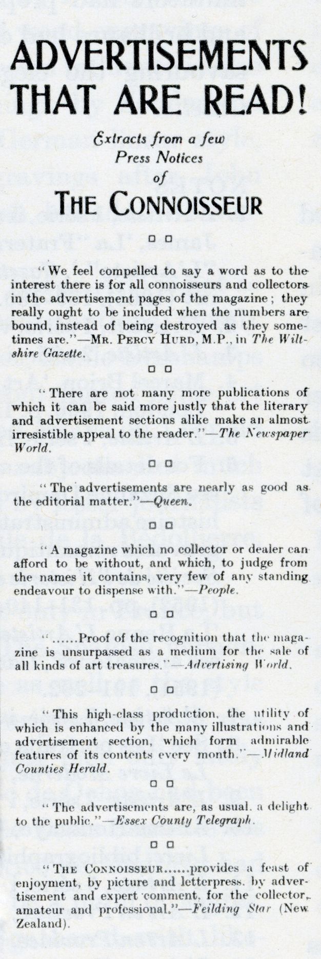 Ad. A subheading under the title reads, “Extracts from a few Press Notices of The Connoisseur”. Eight quoted reviews follow.