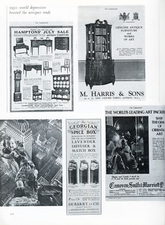 Page from a periodical. Five ads reproduced in black and white are arrayed on a page.