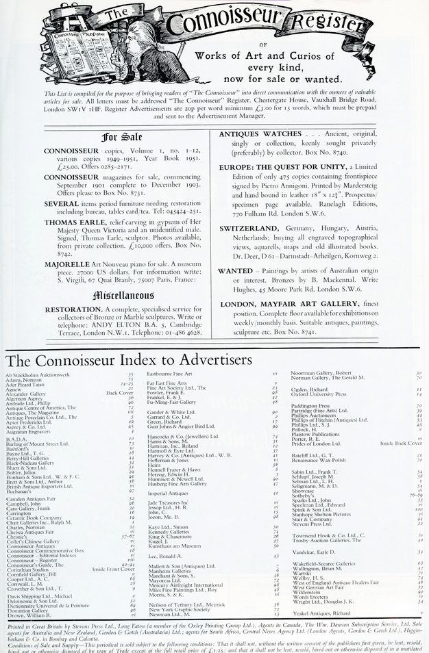 Page from a periodical. An illustration of a man inspecting an open book is next to a banner reading “Connoisseur Register”. A list of works for sale and services follows above “The Connoisseur Index to Advertisers”.