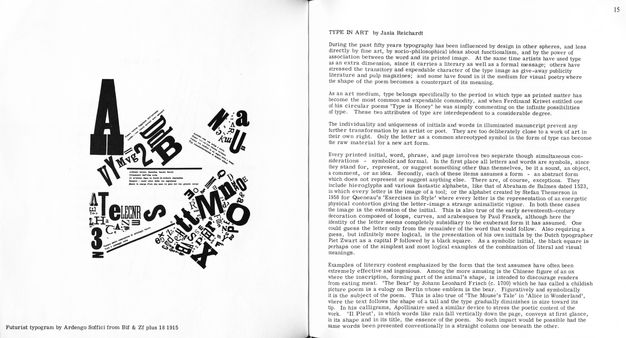 Pages of a book. The left page is illustrated with scraps of type, including letters and a few numbers in different fonts and sizes. The caption below reads, “Futurist typogram by Ardengo Soffici from Bif & Zi plus 18 1915”. The article is printed on the right page.