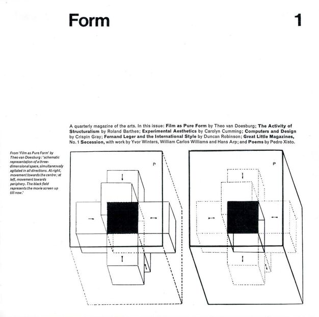 Periodical cover. The title of the publication is at the top of a white page. Below a wide gap, the subtitle and table of contents are printed as one might expect a caption to appear. Two diagrams of cubes within cubes are below.
