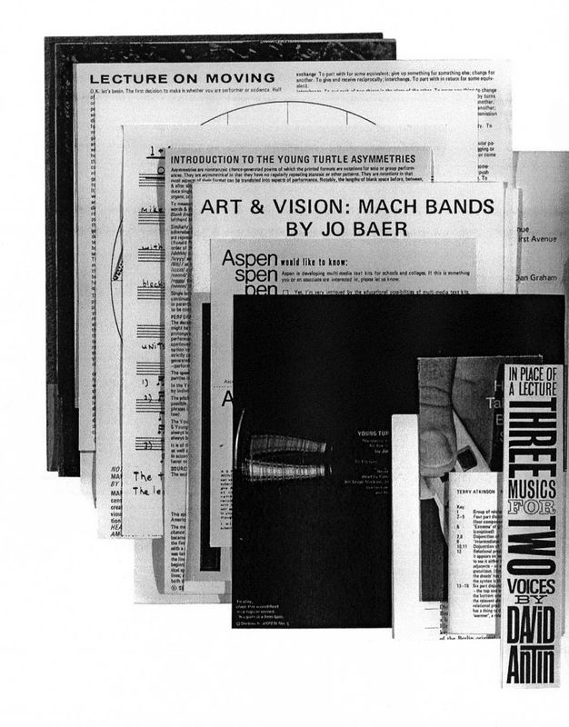 Illustration. In black and white, at least eleven printed documents are stacked so some headlines are visible. These include, “Lecture on Moving”, “Introduction to the Young Turtle Asymmetries”, “Art & Vision: Mach Bands by Jo Baer”, and “In Place of a Lecture Three Musics for Two Voices by David Antin”.