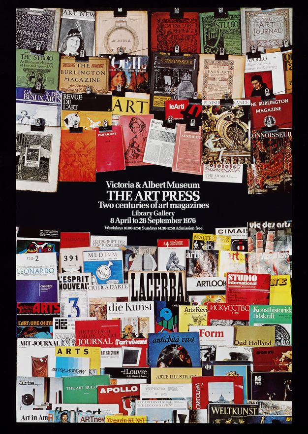 Poster. About seventy journal covers are clipped to wires across the top or stacked below. Most of the covers are brightly coloured. Titles are in English, German, and French, among others. Text is in white against the black background at the centre of the poster.