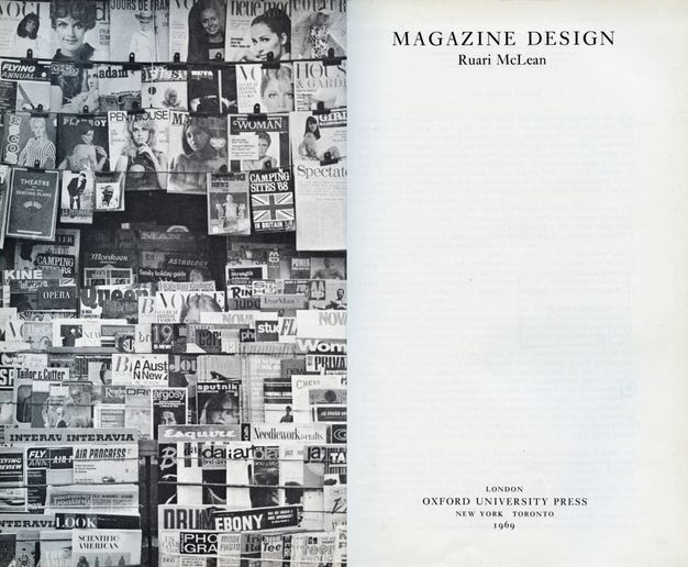 Pages of a book. A black and white photograph to our left is of a densely stacked magazine stand. The title is printed on the right page.