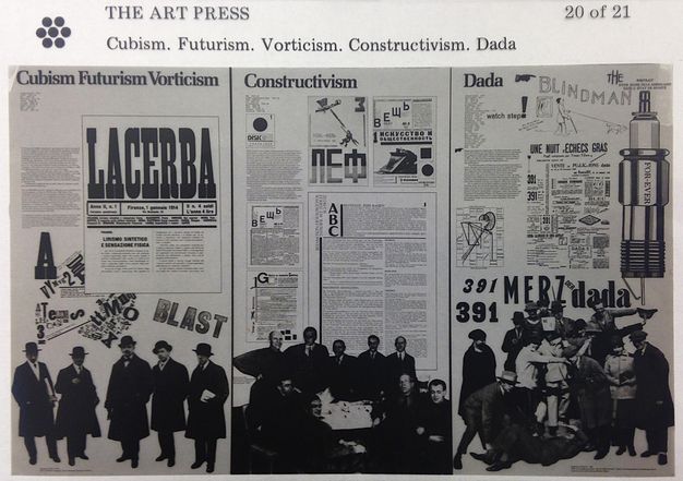 Black and white microfiche. Three panels layer images of text, periodicals, and people. The leftmost is headed, “Cubism Futurism Vorticism”, the centre is “Constructivism”, and the third, “Dada”.