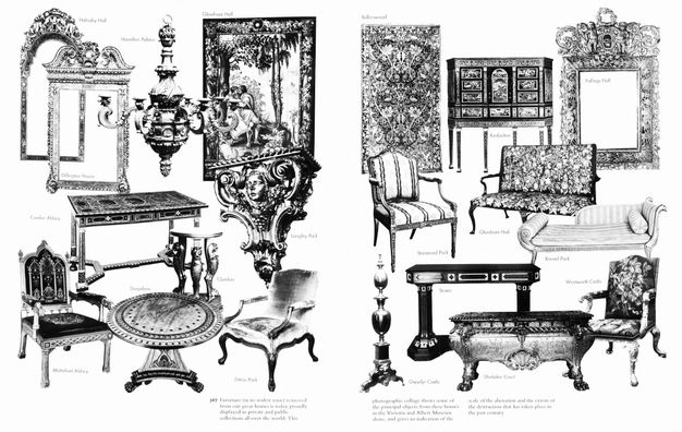 Pages of a book. Facing pages are filled with rugs, gilded frames, light fixtures, chairs, sofas, tables, and other furniture. Removed from any context, they overlap on the white page, and each is labelled with a word or two.