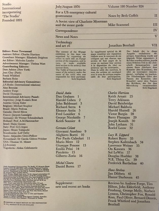 Printed page. A chart at the top is followed by columns of lists. Some of the lines in the chart read, “July/August 1790 Volume 180 Number 924”, “For a US emergency cultural government”, “Notes by Beth Coffelt II”, “A Soviet view of Charlotte Moorman and the avant garde Mike Scammell III”.