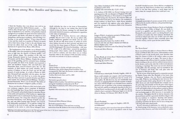 Pages of a book. This two-page spread is headed, “I: Byron among Men; Dandies and Sportsmen. The Theatre”. An introduction and eight entries, numbered eleven through 18, follow in two columns.